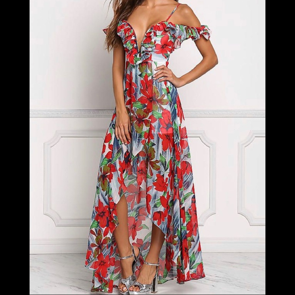 Floral Plunge Cold Shoulder Floral Maxi Dress